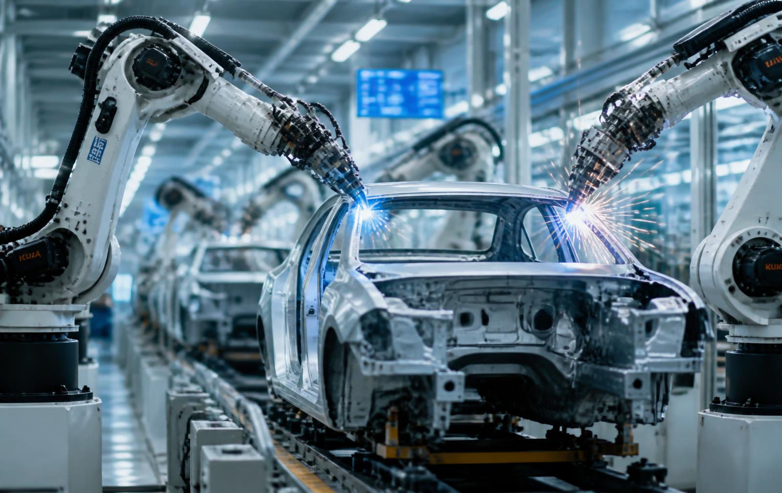 Línea de manufactura automotriz automatizada con brazos robóticos